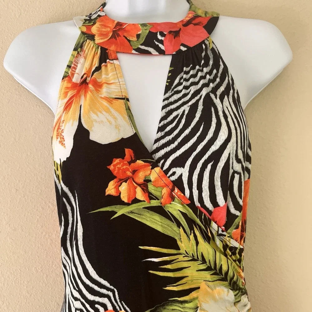 Vintage Cache Bodycon Dress Medium Faux Wrap Tropical Zebra 90s Maximalist USA - Picture 5 of 12